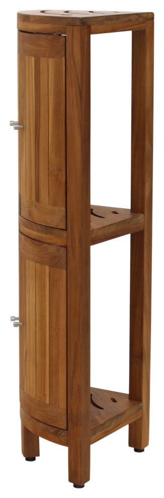 Kai Corner Teak Bath Shelf With Square Legs and Front Facing Doors