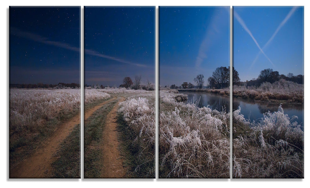 "Frosty Fall Night in Moonlight" Landscape Print Wall Artwork, 4 Panels, 48"x28"