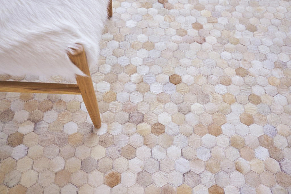 Mosaic Leather Cowhide Light Beige Area Rug