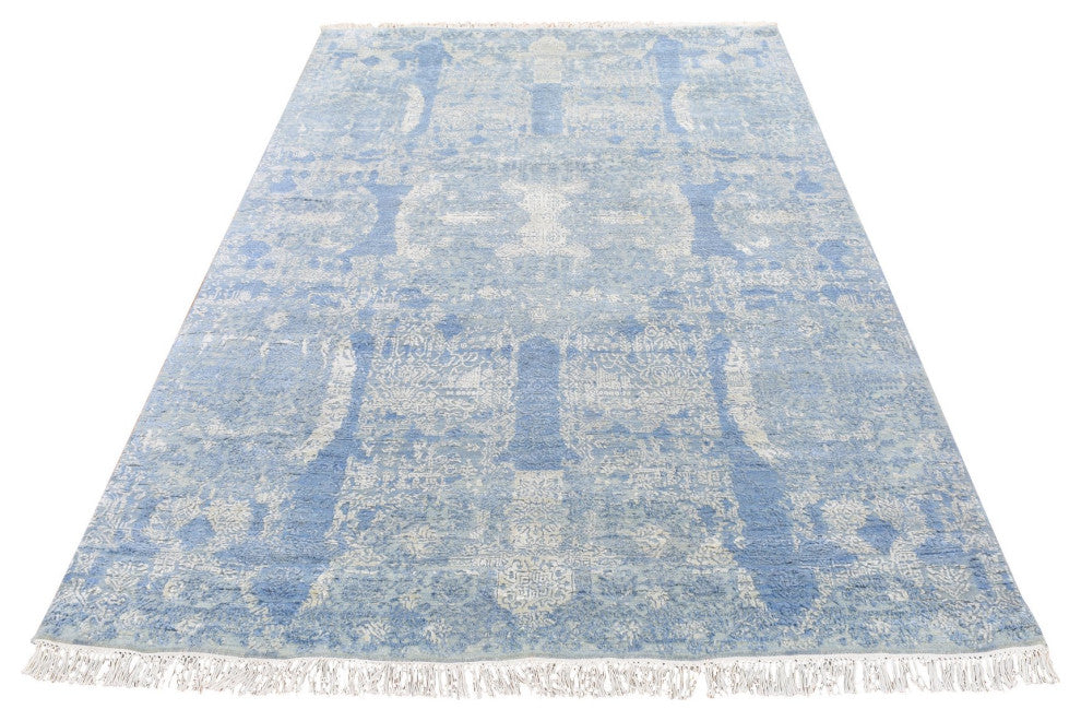Hand Knotted Blue Modern Pure Silk with Wool Oriental Rug, 6'0" x 9'3"