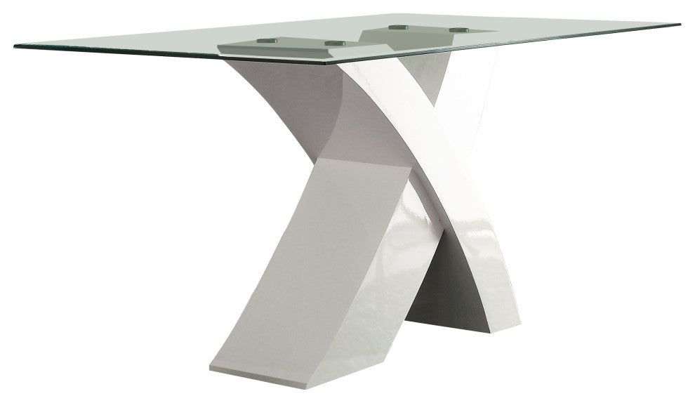 Glass Top Dining Table With X Shape Wooden Base, White and Clear