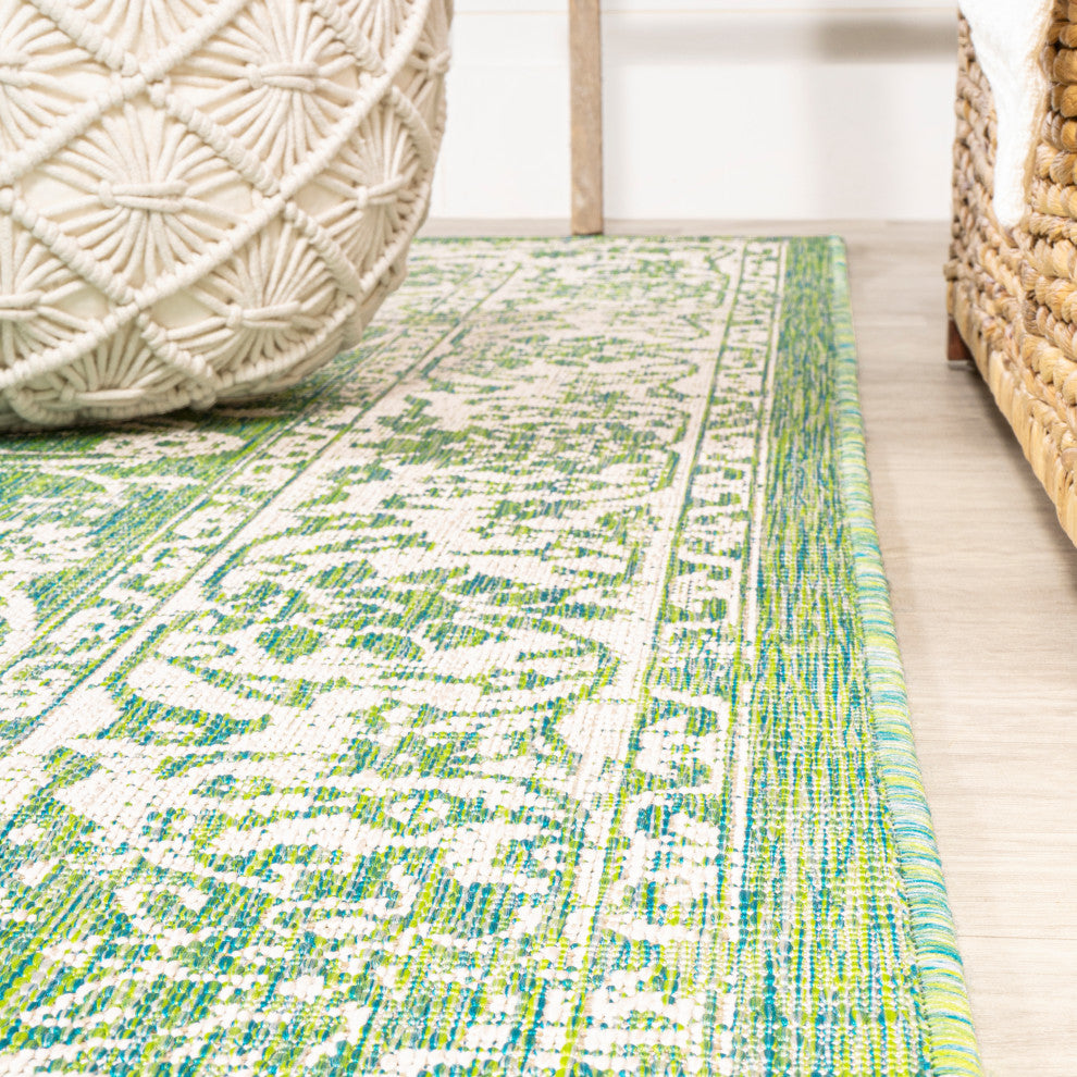 Tela Boho Textured Weave Floral Indoor/Outdoor Rug, Cream/Green, 2 X 8