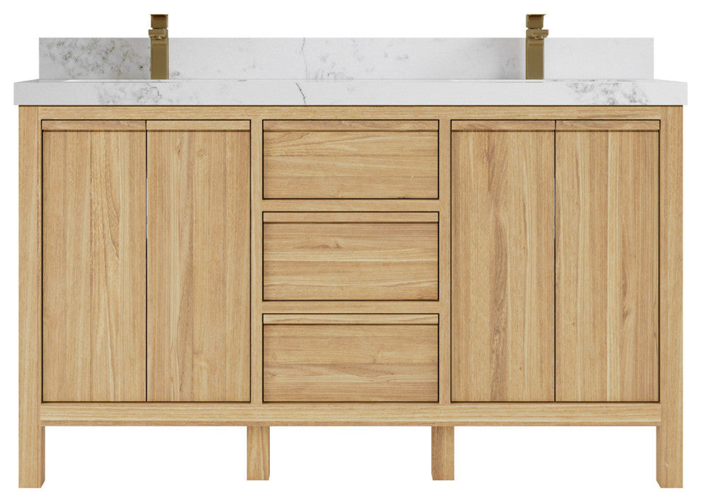 Elizabeth 60 Double Bathroom Vanity in Light Natural Teak 2" Calacatta Nuvo