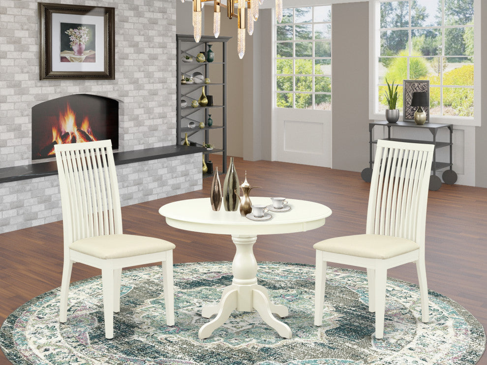 3 Pc Dining Set, Linen White Round Table, 2 Linen White Chairs, Linen White