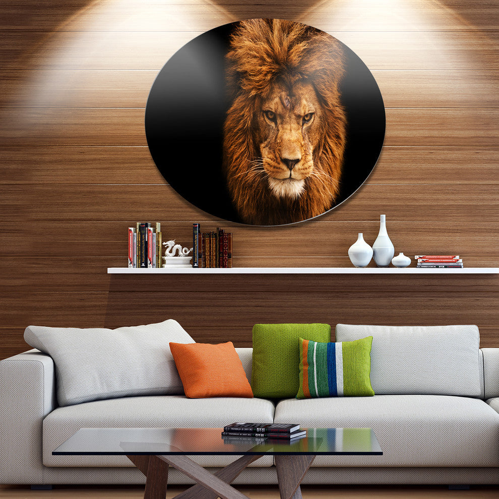 Face Of Male Lion On Black, Animal Round Wall Art, 36"