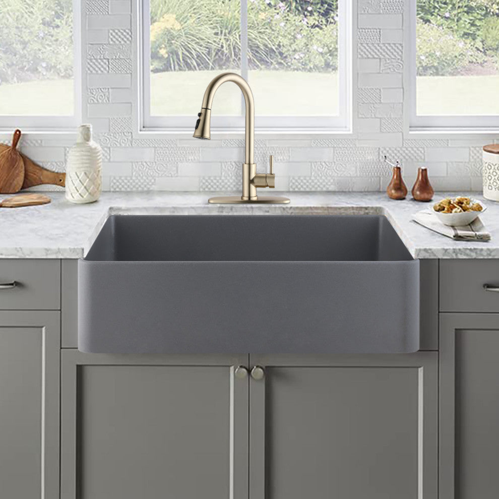 33" x 19" Gray Quartz Single Bowl Farmhouse Apron Kitchen Sink