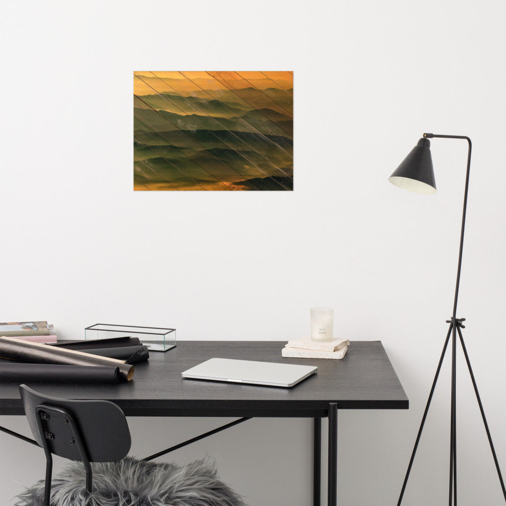 Faux Wood Foggy Mountain Layers at Sunset Landscape Unframed Wall Art Prints, 18" X 24"