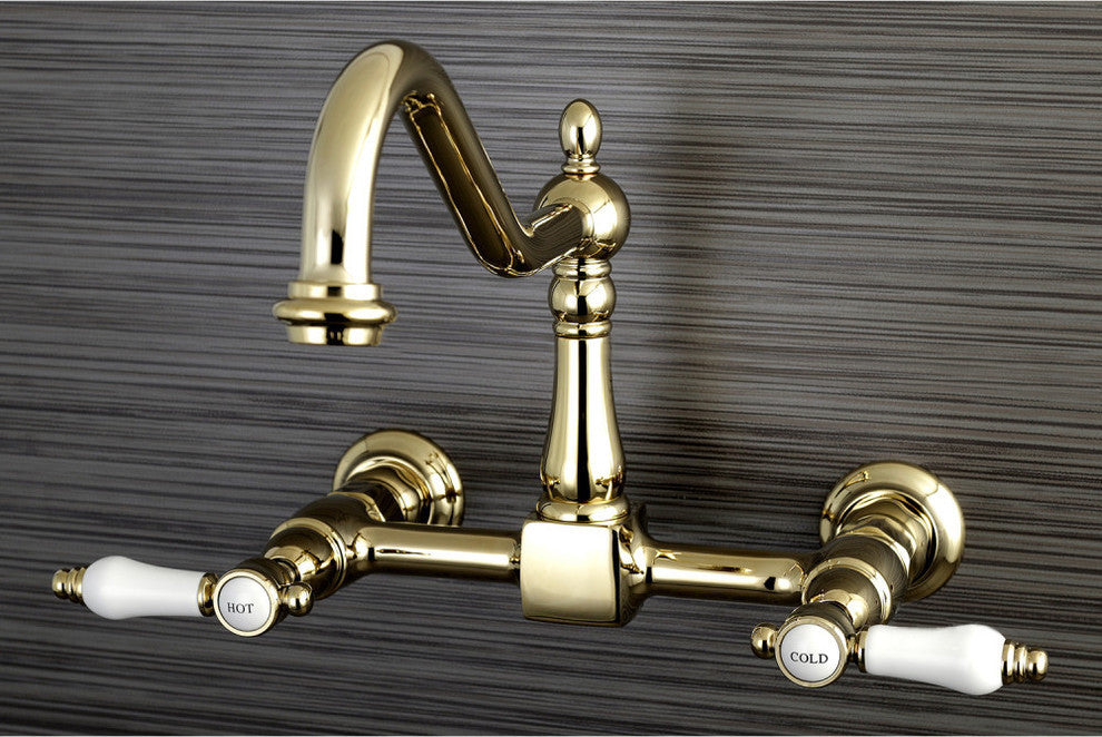 Kingston Brass Wall Mount Bridge Kitchen Faucet, Polished Brass