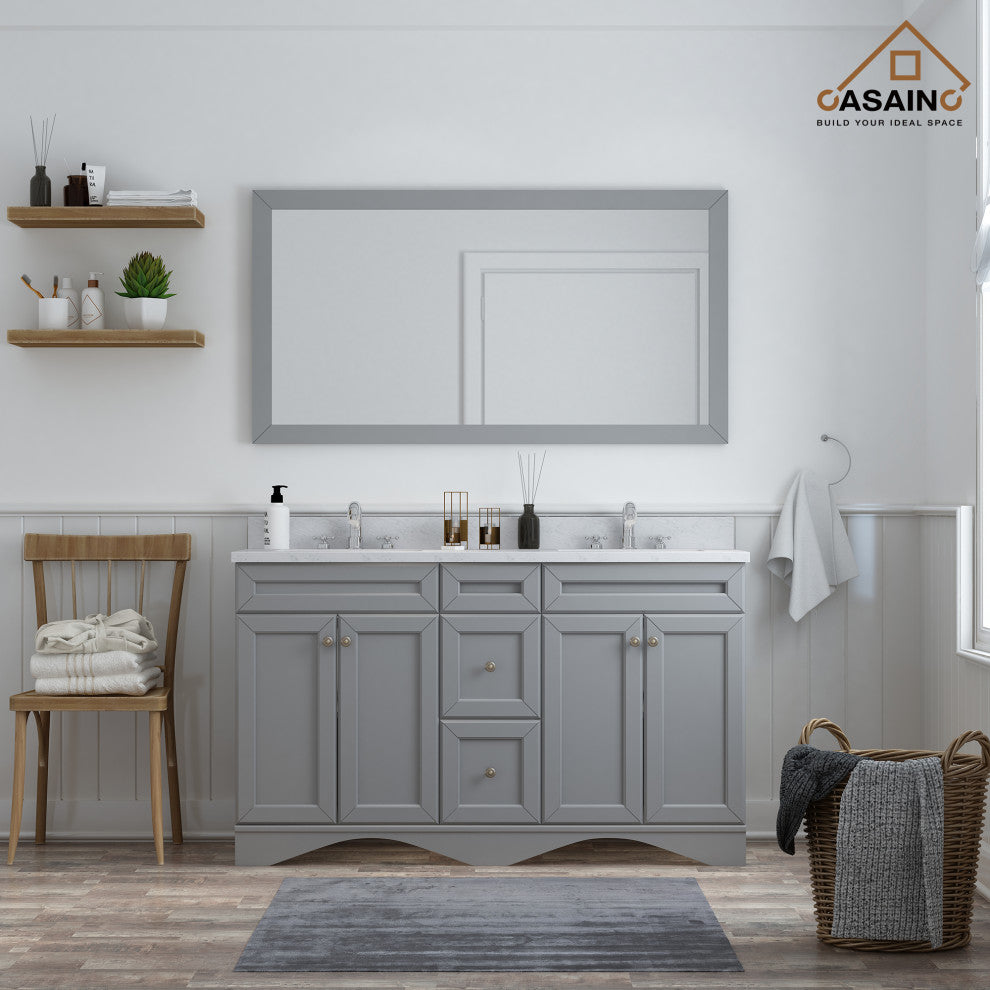 CASAINC 60" Marble Top Double Sink Bathroom Vanity with Mirror, Gray