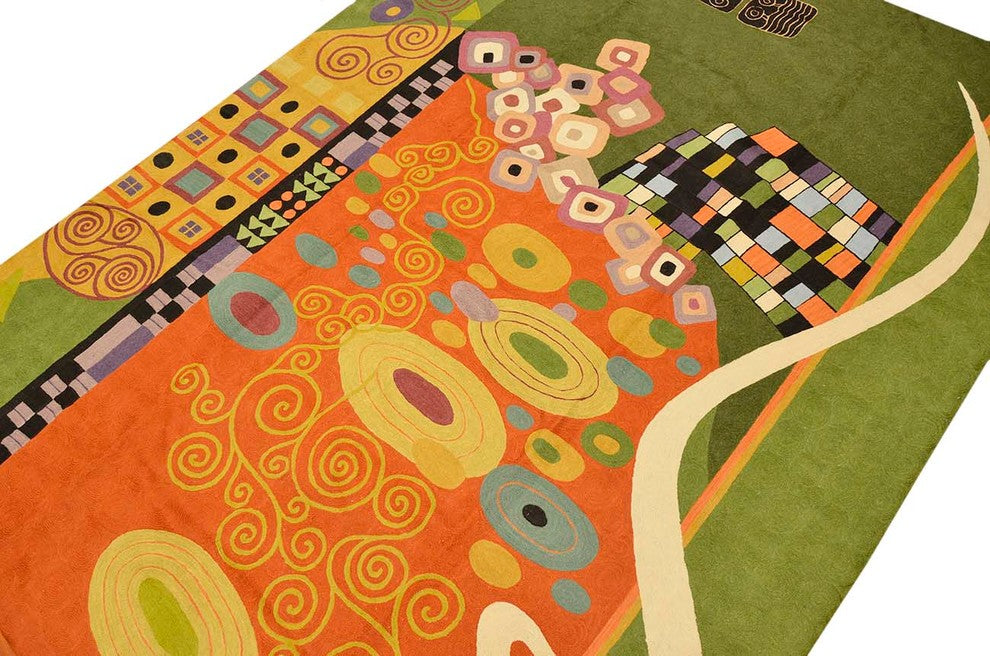 Klimt 5ft x 7ft Green Art Nouveau Wool Rug / Wall Tapestry Hand Embroidered