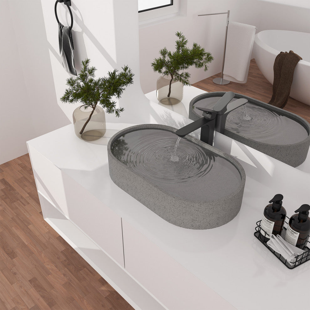 23in Bathroom Concrete Oval Vessel Sink with Drainer, Mottled Bluish Grey