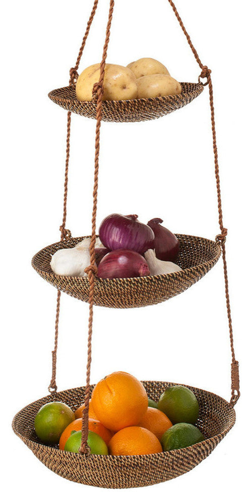 Carmel 3-Tier Hanging Basket, Rattan-Nito, Honey-Brown