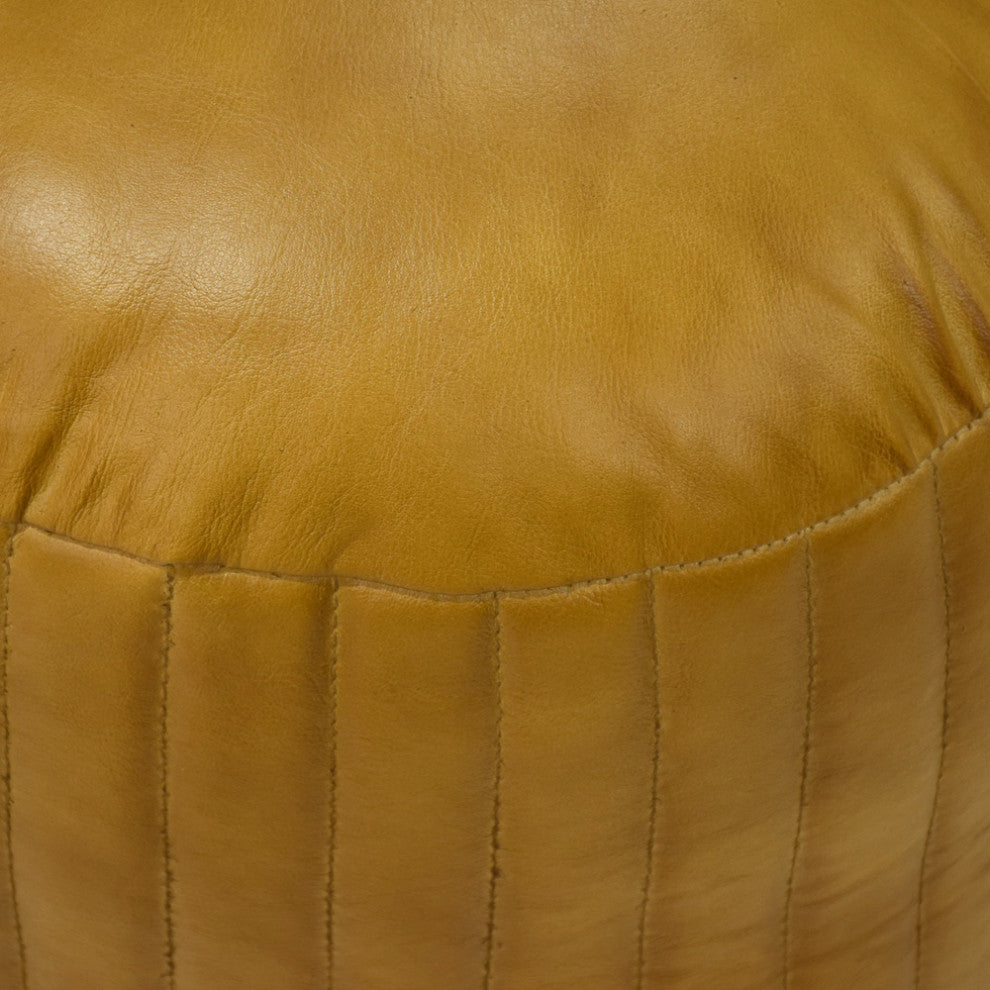 Poufs-Solid Handmade Goat Leather Pouf, Recycled Cotton Fill, Beige, Round, 16x16x16