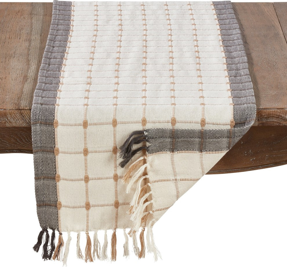 Windowpane Woven Design Cotton Table Runner with Tassels 16"x72"
