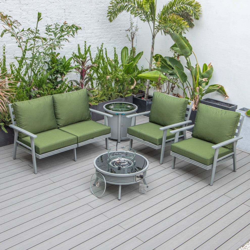 LeisureMod Walbrooke Patio Sofa Set With Round Fire Pit Table, Green