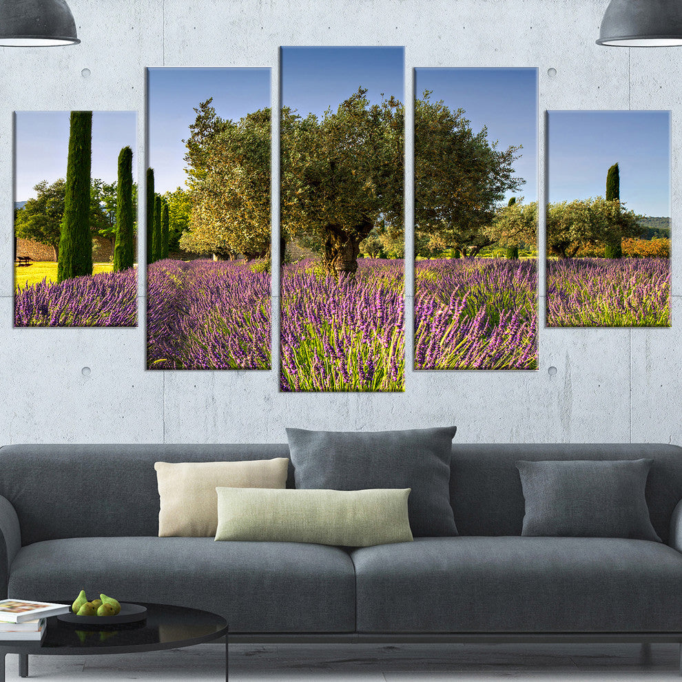 Beautiful Lavender and Olive Trees, Flower Canvas Wall Art, 60"x32", 5 Panels