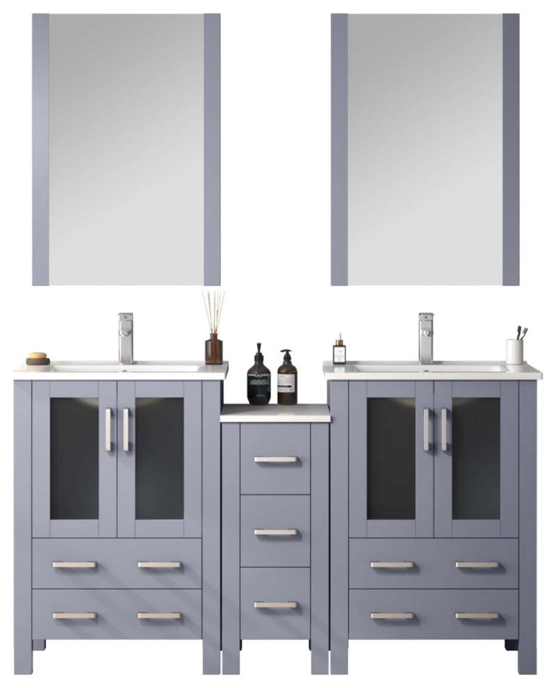 Lexora Volez 60" Vanity Cabinet, Dark Gray, Top, Mirror, 4 Doors 7 Drawers