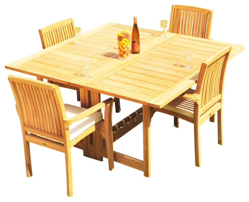 5-Piece Outdoor Teak Set: 60" Square Butterfly Table, 4 Lua Stacking Arm Chairs