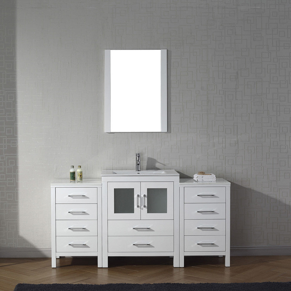 Virtu Dior 64" Single Bathroom Vanity, White, Brushed Nickel Faucet and Mirror
