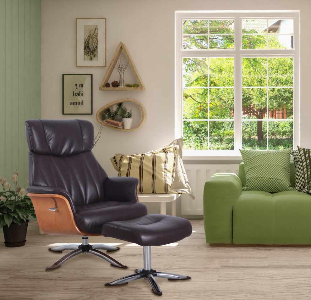 HomeRoots Espresso Faux Leather Swivel Adjustable Recliner and Ottoman Set