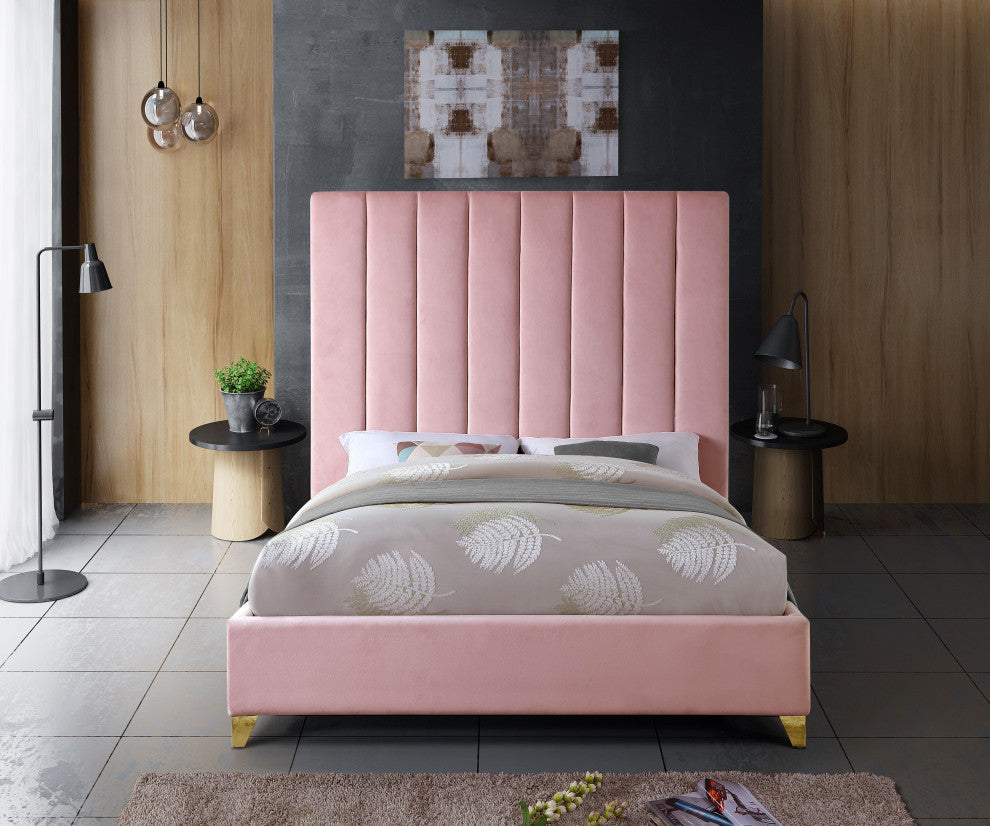 Via Velvet Upholstered Bed, Pink, King