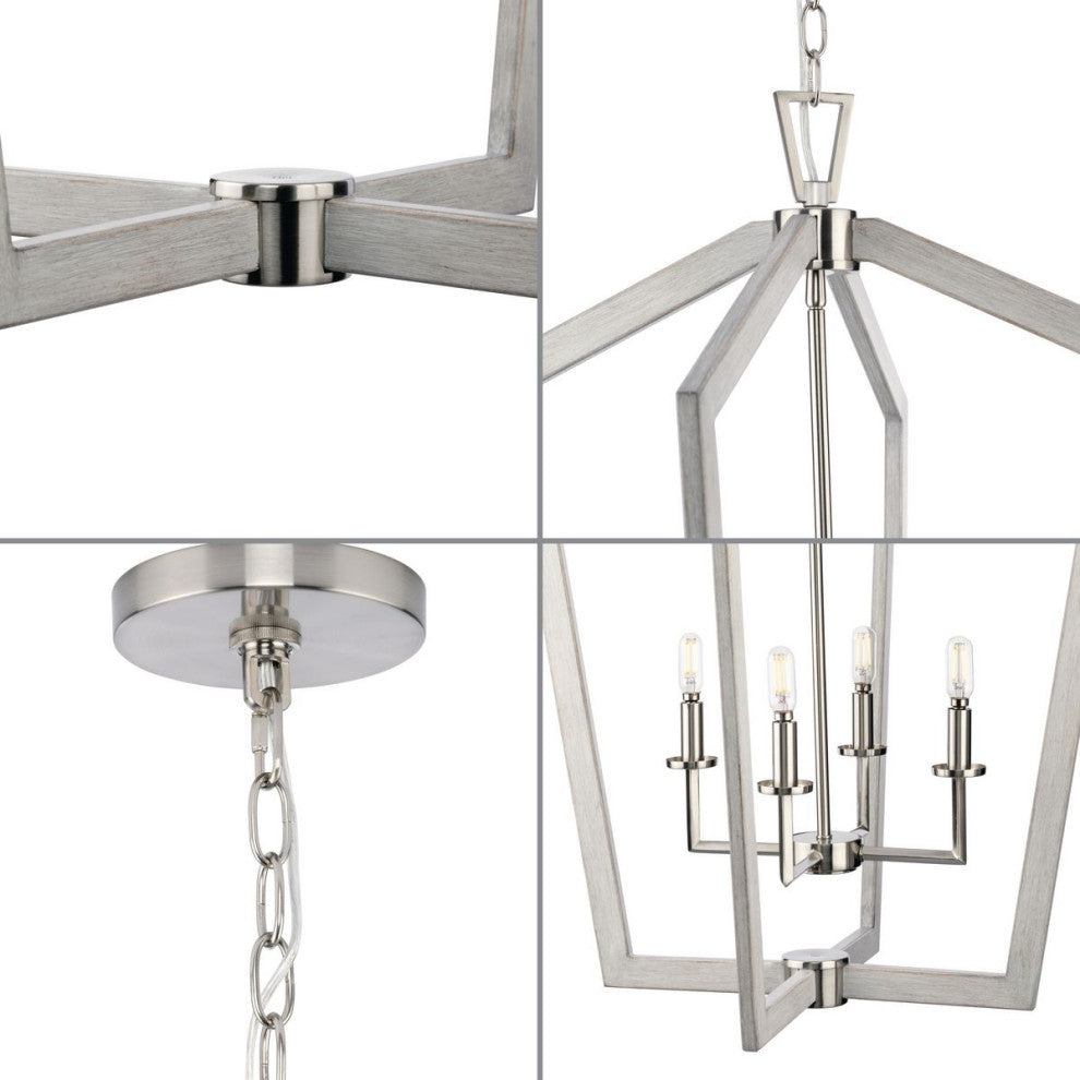 Galloway 4-Light 30" Brushed Nickel Foyer Light With Grey Washed Oak Accents
