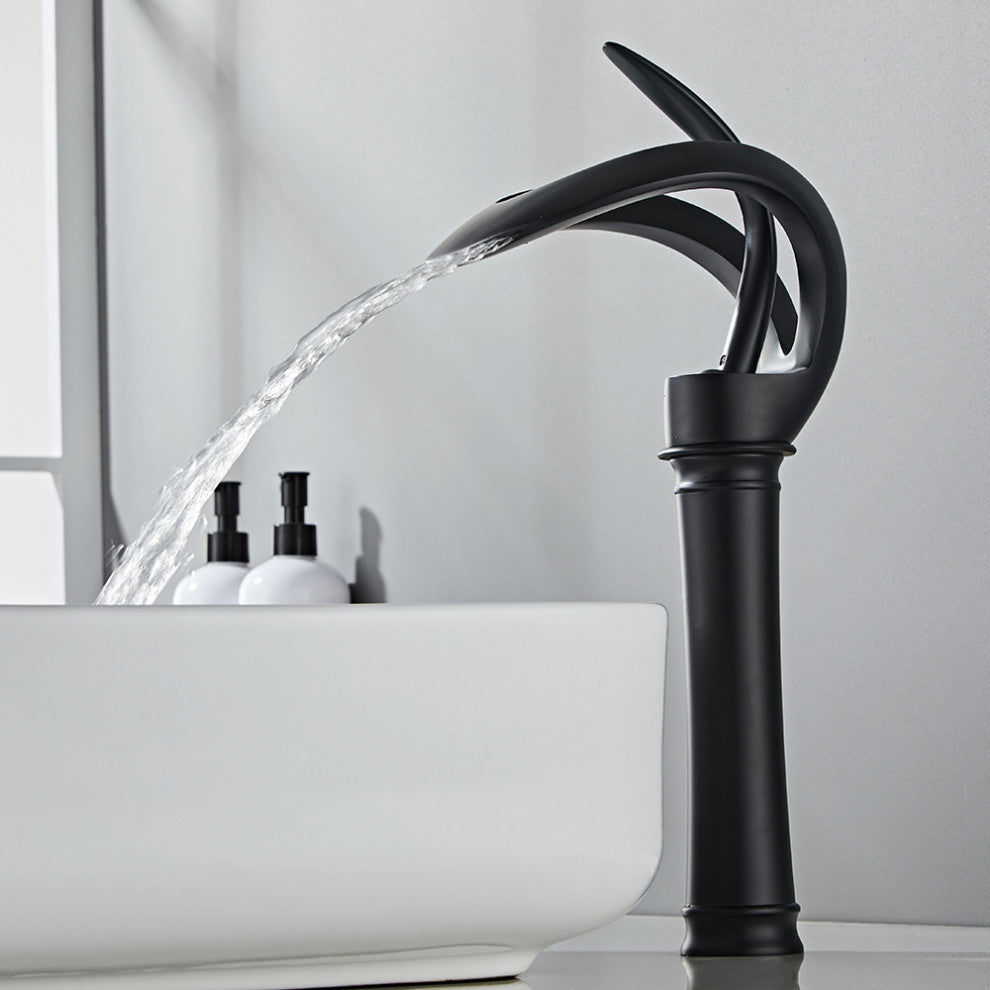 Elegant Waterfall Bathroom Faucet, Single Handle, Solid Brass, Black, Long