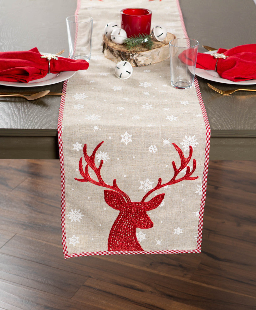 Red Reindeer Embroidered Table Runner