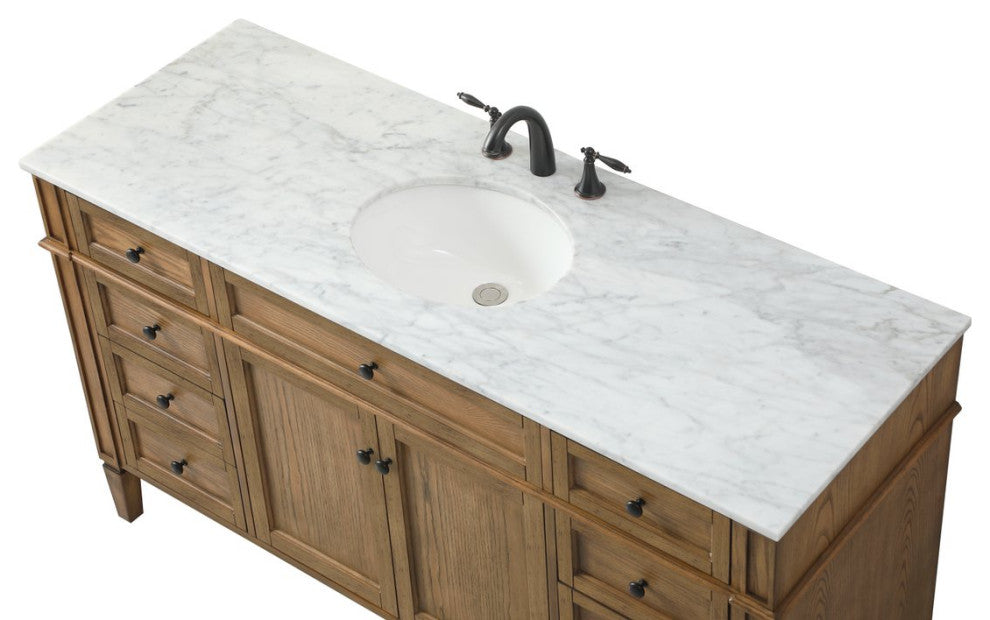 Home Living Vanity with Carrara White Marble Countertop, Driftwood, 60", Single Sink