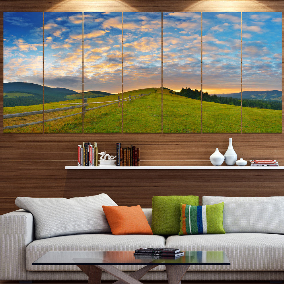 Green Evening Countryside, Landscape Canvas Art Print, 83"x32", 7 Panels