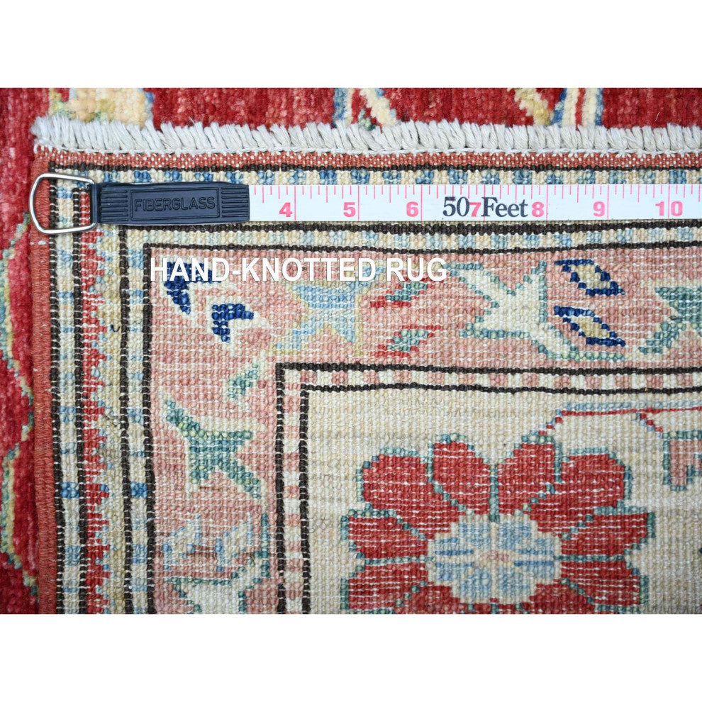 Sanguine Red Afghan Super Kazak Gul Motifs Soft Wool Hand Knotted Rug 6'8"x9'10"