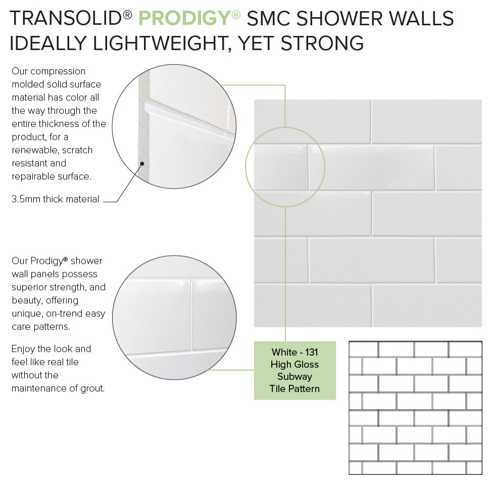 Transolid PWK603672-131 Prodigy 60"x36"x72" Shower Wall Kit, White Subway