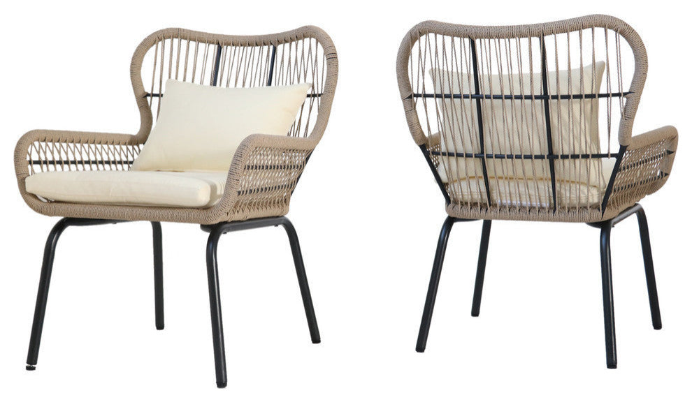 GDF Studio Kimberley Outdoor Steel and Rope Club Chairs with Cushioned, Set of 2, Brown/Beige