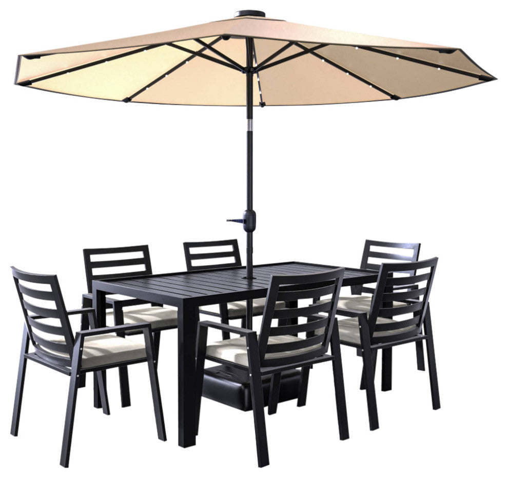 LeisureMod Chelsea Modern 7-Piece Outdoor Dining Set, Black Aluminum, Beige