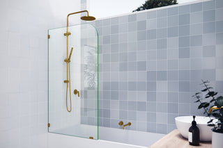 34"x58.25" Frameless Bathtub Shower Door Single Fixed Panel Radius, Satin Brass