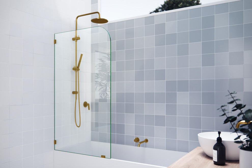 34"x58.25" Frameless Bathtub Shower Door Single Fixed Panel Radius, Satin Brass