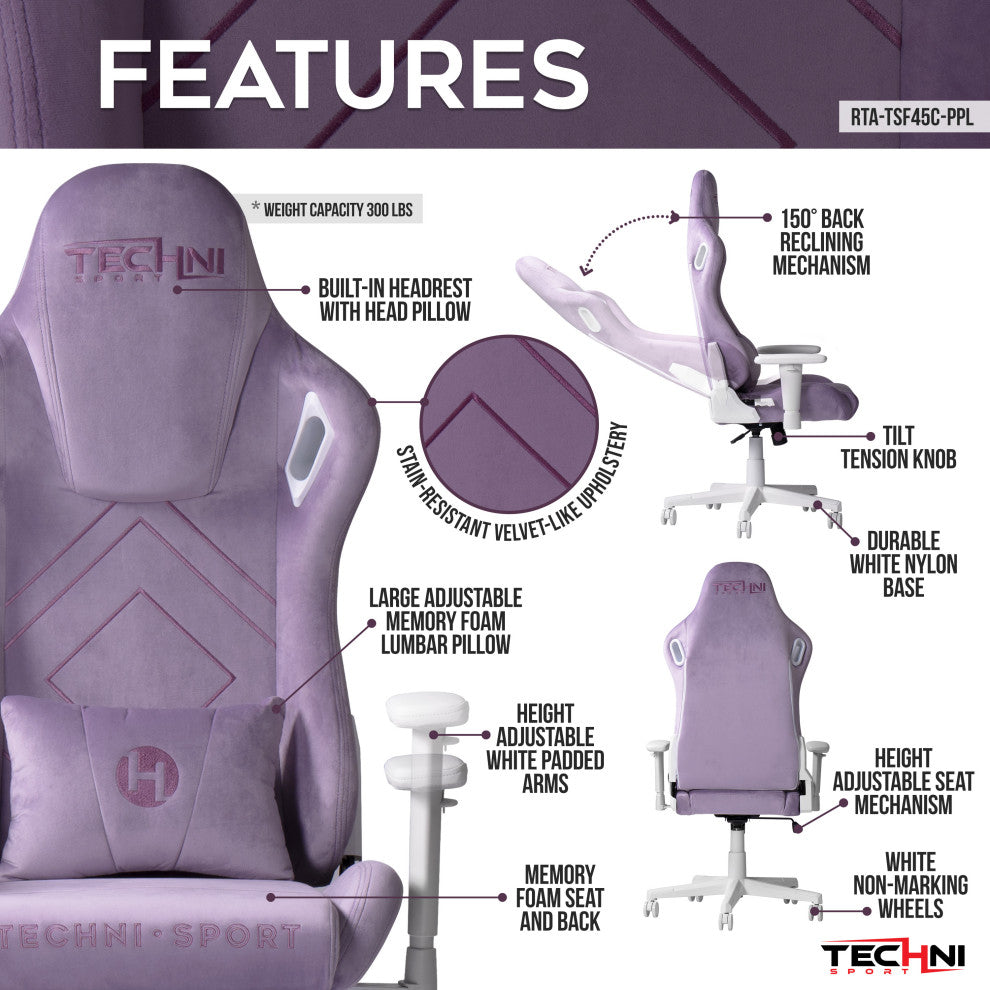 Techni Sport TSF45C Velvet Memory Foam Gaming Chair "“ White, Purple