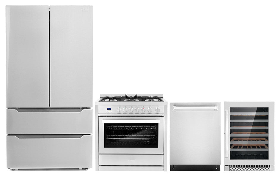 4-Piece, 36" Range, 24" Dishwasher, Refrigerator and 48 Bottle Wine Cooler