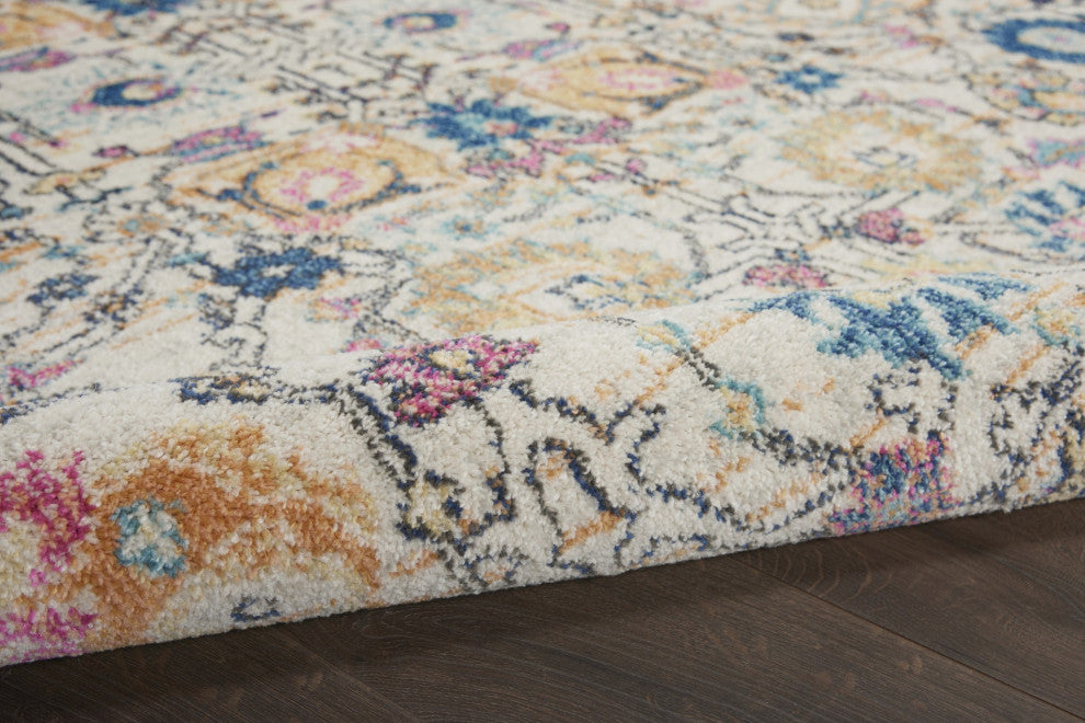 5' Orange And Ivory Round Floral Power Loom Area Rug