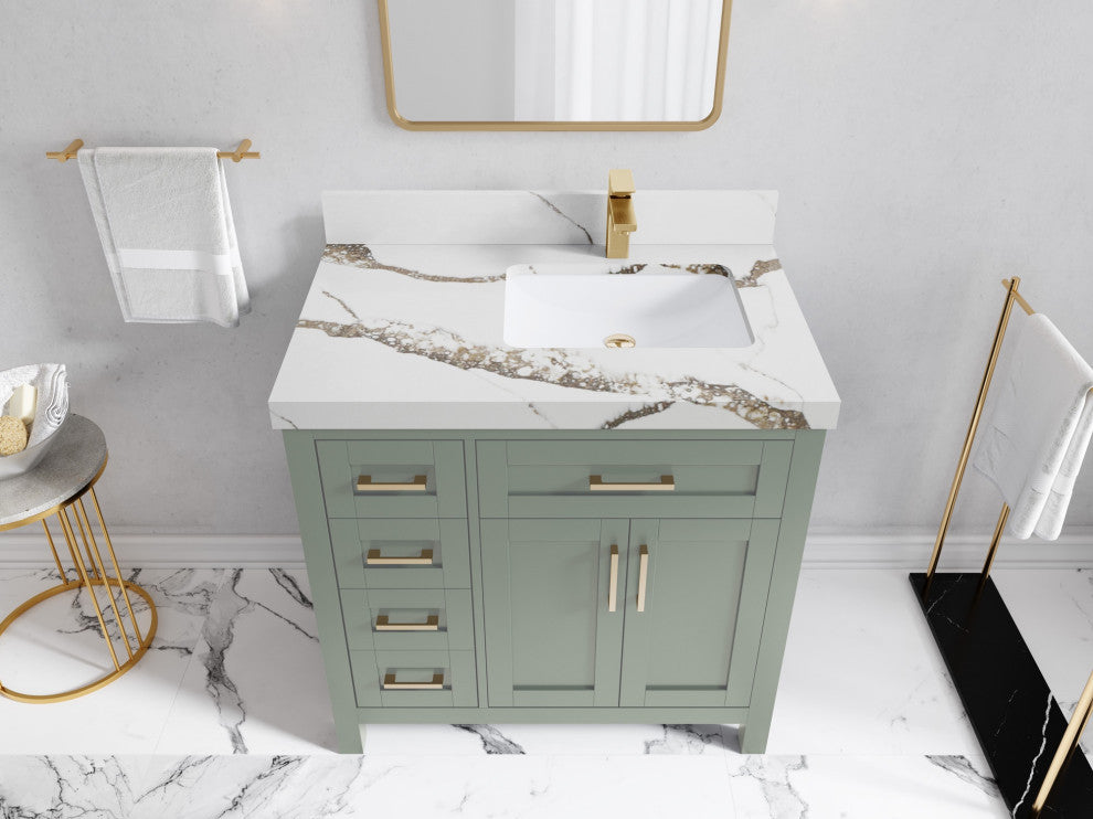 Cambridge 36" Right Offset Bath Vanity in Evergreen 2" Calacatta Gold