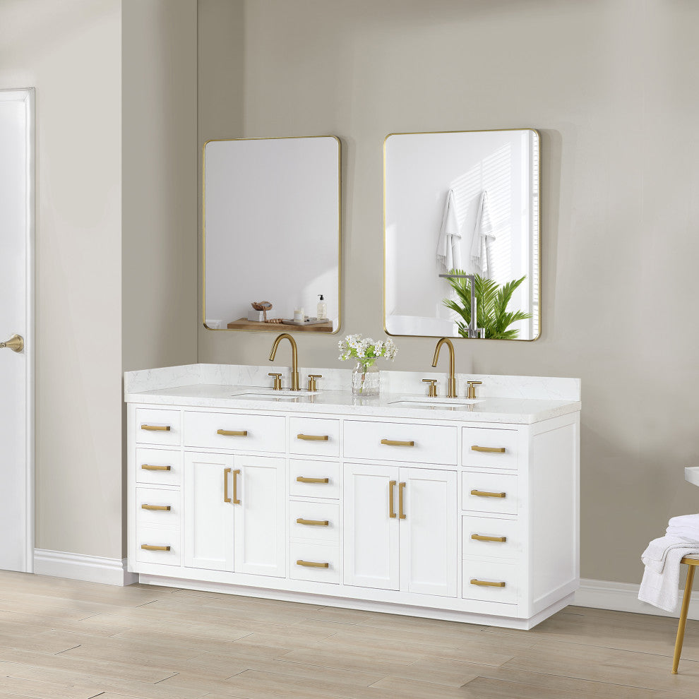 Gavino Vanity With Grain White Composite Stone Top, White/Brushed Gold, 84", With Mirror