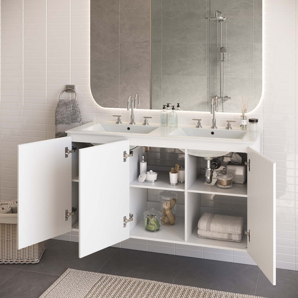 Double Sink Vanity Cabinet, Wall Mount, White, Ceramic, Modern, Hotel Bathroom