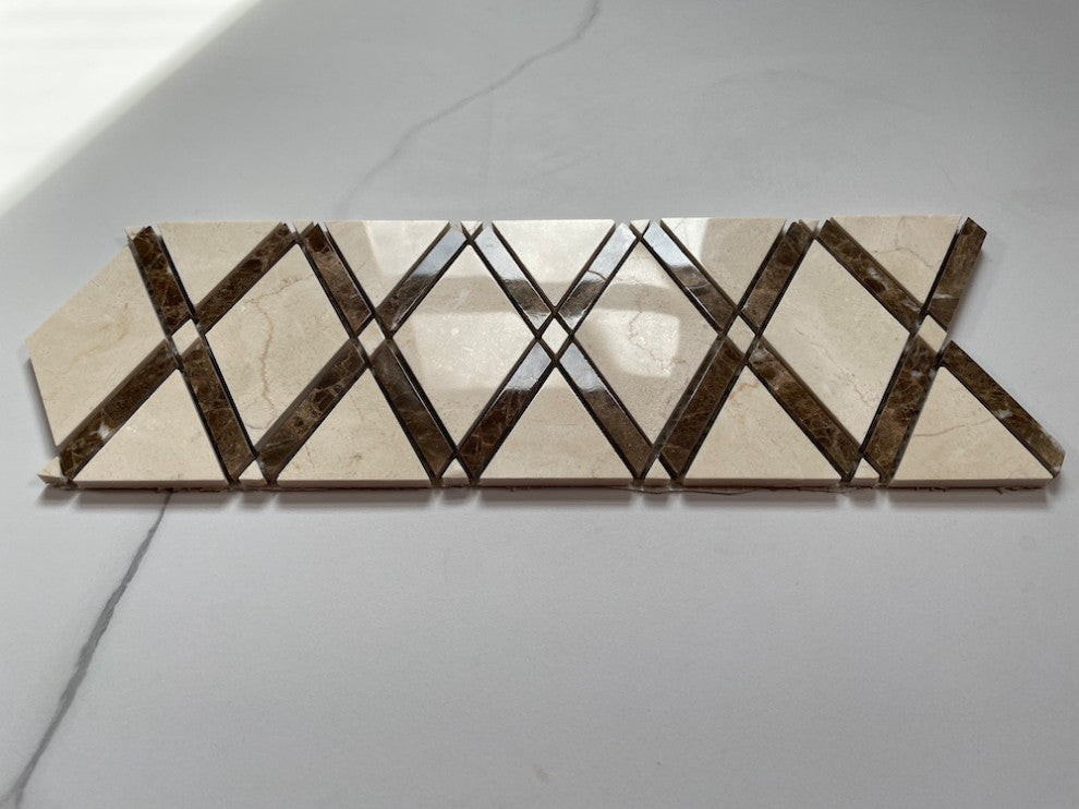 Crema Marfil Marble Lattice Diamond Mosaic Border Listello Tile Polish, 1 sheet