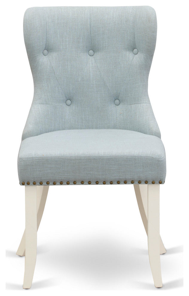A Dining Set Of 4 Chairs, Baby Blue Color, Beautiful Table, Linen White Color