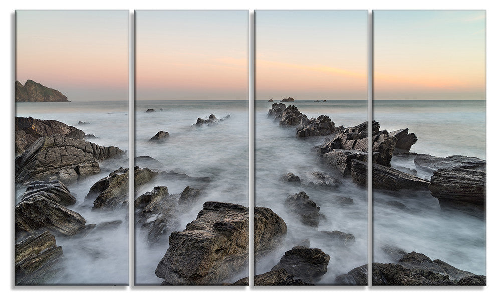 "Rocky Beach With White Waters" Modern Seashore Canvas Art, 4 Panels, 48"x28"