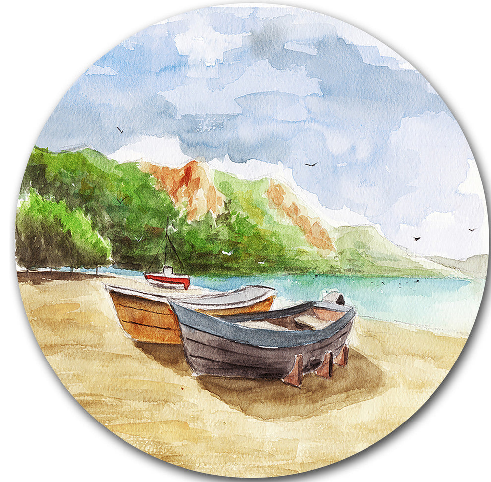 Watercolor Fishing Boats, Landscape Disc Metal Artwork, 36"