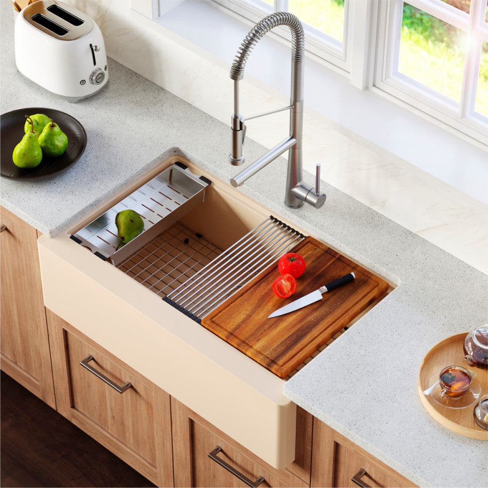 Karran 34" Quartz Farmhouse Single Bowl Workstation Kitchen Sink, Bisque