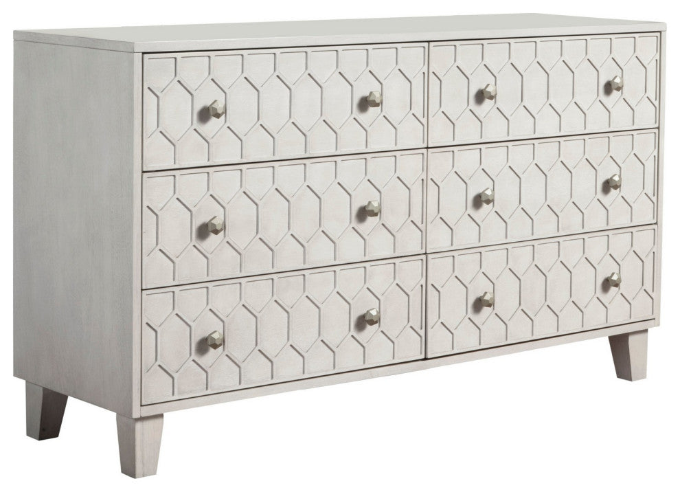 Benzara BM284296 Rue 60" 6 Dresser Drawer, Honeycomb Texture, Wood, Light Gray