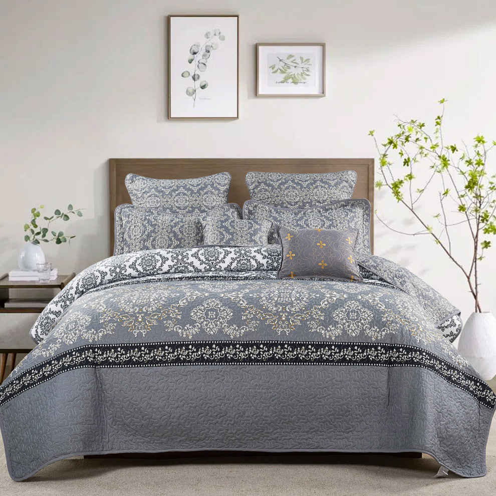 Mystic Quilted 7-Piece Bed Spread Set, Charcoal, Queen