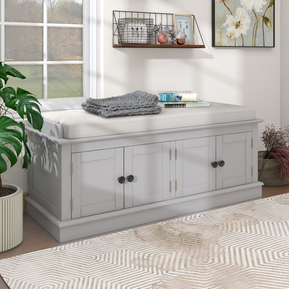 TATEUS 42" Wooden Storage Bench With 4 Doors and Adjustable Shelves for Entryway, Gray Wash